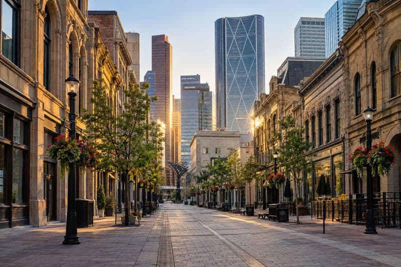 The downtown Calgary skyline at blue hour, the Calgary Tower lit against the office towers.